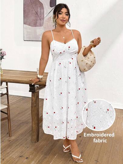 Lounesse Vestido casual con cuello en V bordado para mujer de talla grande, color blanco, sin mangas