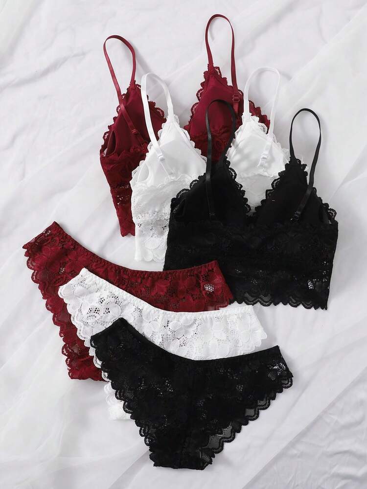 3sets Floral Lace Bra & Panty Lingerie Set