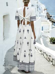 Louniche Đầm chữ A hở lưng buộc eo in họa tiết phong cách thường ngày dành cho nữ, thích hợp cho kỳ nghỉ xuân/hè. - Xanh và trắng - Xem 2