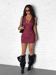 SHEIN HypeZone 女士休闲红色格子修身吊带连衣裙 - 紅色 - 查看 4