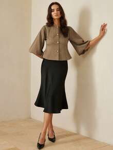 Aveloria Rosie 优雅法式复古浪漫奢华高端设计人字纹圆领七分花瓣袖收腰金属纽扣女士西装外套 - 卡其色 - 查看 3