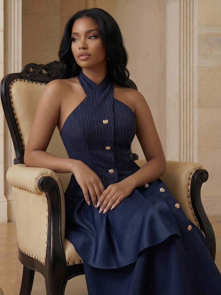 Women's Criss-Cross Halter Striped Elegant Blouse Navy Blue