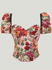 Pariaura Áo ngắn tay nữ tay ngắn, họa tiết hoa jacquard hình trái tim nhiều màu sắc, ôm eo, thích hợp cho kỳ nghỉ lãng mạn. - Nhiều màu - Xem 3