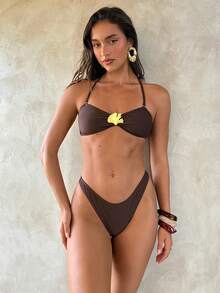 Aloruh Bộ đồ bơi bikini 3 mảnh cho nữ, trang trí kim loại lá bạch quả cổ điển thanh lịch lãng mạn gợi cảm, áo tắm bandeau màu nâu sẫm có dây đeo có thể tháo rời và chân váy dài maxi, đồ bơi bikini che phủ bãi biển - màu nâu - Xem 5