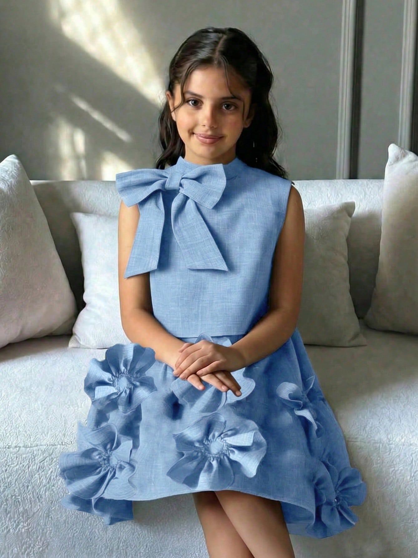 طقم ملابس علوية بياقة مستديرة بدون أكمام مع زخرفة...