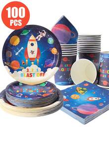 Space Rocket Astronaut Disposable Plates, Napkins, And Paper Cups, Astronaut-Themed Plates, Napkins, And Paper Cups For Party Supplies, Suitable For 25 Guests. Disposable Paper Plates And Party Tableware Suitable For Birthday Parties, Weddings, And Family Picnics - Multicolor - View 1