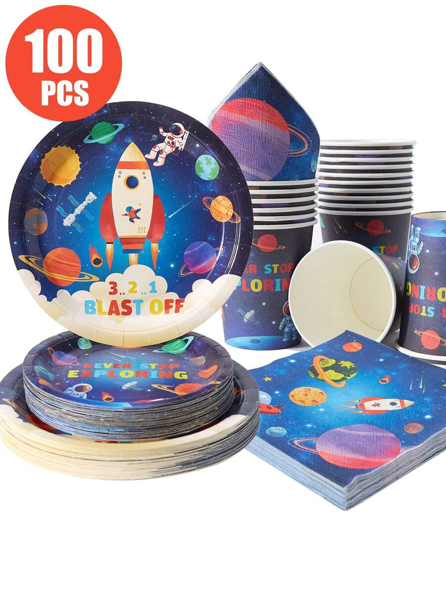 Space Rocket Astronaut Disposable Plates, Napkins, And Paper Cups, Astronaut-Themed Plates, Napkins, And Paper Cups For Party Supplies, Suitable For 25 Guests. Disposable Paper Plates And Party Tableware Suitable For Birthday Parties, Weddings, And Family Picnics - Multicolor - View 1