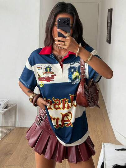 Coolane Camiseta polo de manga corta holgada con gráficos a rayas, estilo deportivo, vintage, preppy y Y2K, para salir, en el mismo estilo de pareja, para mujer, primavera/verano