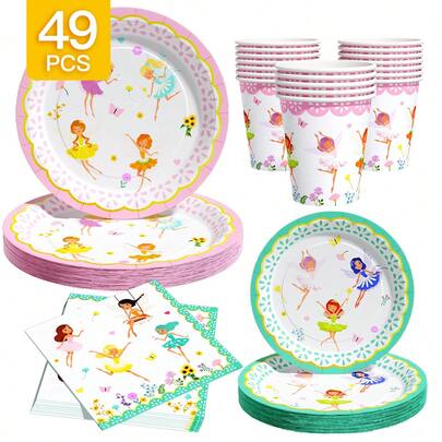 Flower Fairy Dancing Disposable Plates, Napkins And Cups Set, Serves 8 Guests. This Disposable Party Supplies Set (Including Plates, Napkins And Cups) Is Perfect For Birthday Parties, Weddings And Family Picnics.