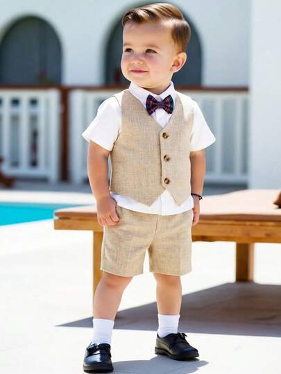 SHEIN Bộ đồ 3 món cho bé nhân Ngày của Mẹ đầu tiên - Áo ba lỗ, nơ đeo cổ và quần short. Áo ba lỗ màu xám nhạt với chi tiết cúc trang trí, đi kèm với nơ đeo cổ nhỏ nhiều màu. Quần short cũng màu xám nhạt, ton sur ton với áo ba lỗ. Thích hợp cho các dịp lễ của trẻ em như đám cưới nhỏ, buổi hòa nhạc thiếu nhi, v.v.