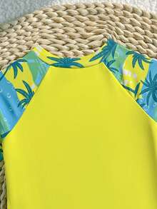 Newborn Zipper Swimsuit, Coconut Tree Print Short Sleeve Swimwear, Suitable For Beach, Vacation, Summer - Multicolor - View 4