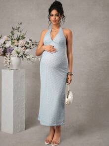 SHEIN Elegant Light Blue Textured Backless Halter Maternity Dress,Summer Pregnant Party Outfits,Solid Color Vacation Dresses For Women & Ladies - Blue - View 3