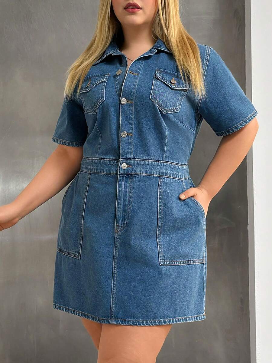 Plus Front Button Casual Denim Dress - Medium Wash - View 1