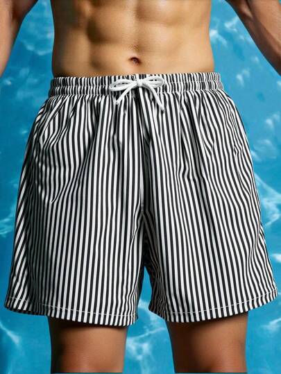 SHEIN Quần short đi biển kẻ sọc cho bé trai tuổi teen, món đồ không thể thiếu cho các bữa tiệc bãi biển và hồ bơi mùa hè.