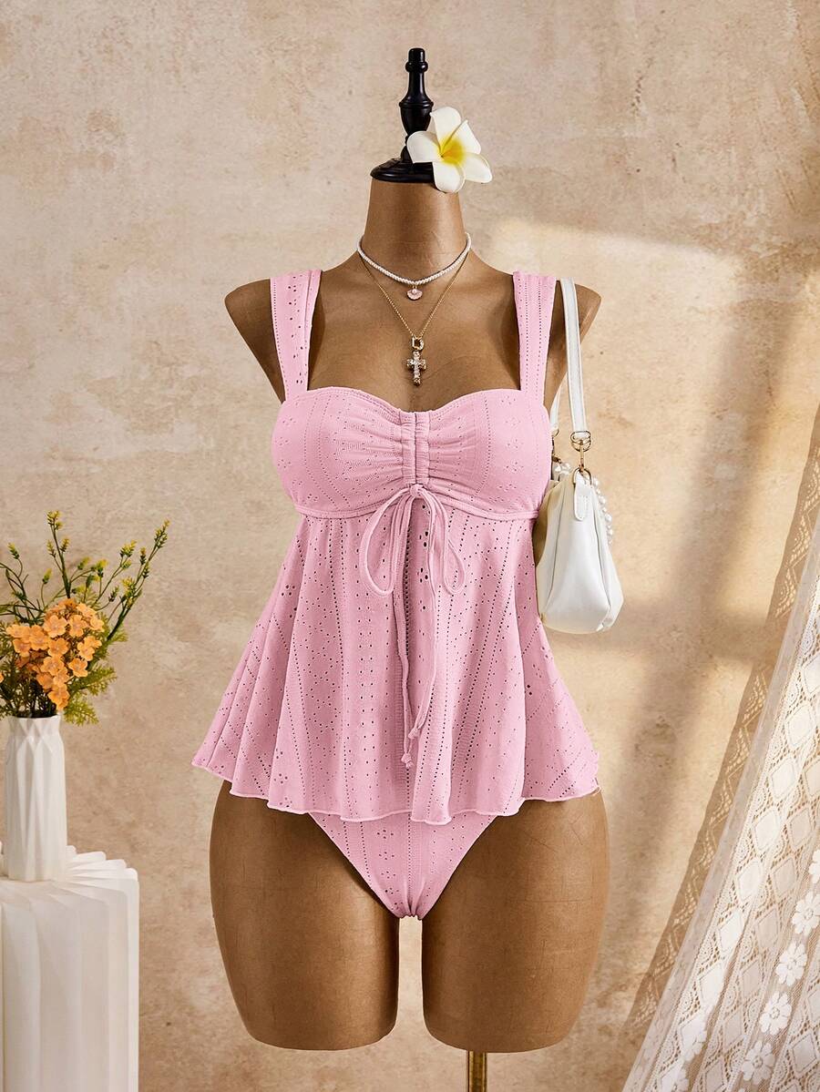 Bellisia 26SS 春夏沙滩度假纯色提花刺绣吊带泳衣套装 - 粉色 - 查看 1