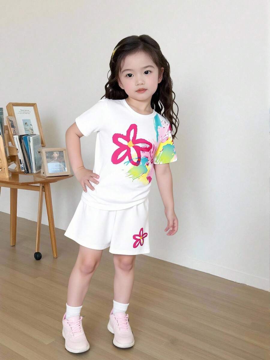 Bộ đồ 2 mảnh cho bé gái từ 4-7 tuổi, gồm áo thun cổ tròn và quần short in họa tiết hoa nhuộm tie-dye, thoải mái và đa năng, phù hợp mặc hàng ngày, thích hợp cho mùa xuân, hè, thu. - trắng - Xem 1