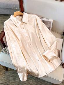 GlowEve CURVE Plus Size Women's Long Sleeve Blouse,Chinese Style Satin Shiny Finish Shirt, 3D Graphic,Elegant,Formal,Champagne,Autumn Party Commute Blouse Fall - Light Yellow - View 3