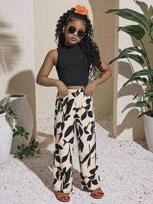 SHEIN طقم بنطلون فضفاض منسوج ولباس علوي بدون أكمام صلبة مناسبة للفتيات المراهقات، قطعتان - وردي فاتح - مشاهدة 6