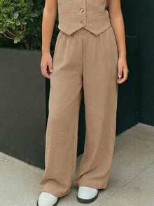 Firerie Kids Firerie Kids Nova Glow 少女休闲街头时尚通勤上学风格编织条纹阔腿直筒裤， - 卡其色 - 查看 5