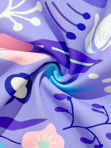 SHEIN 少女比基尼套装，无袖露脐上衣，饰有紫色、蓝色和粉色扎染抽象花卉和叶子印花，搭配纯紫色泳裤，时尚休闲优雅的泳装，适合游泳、夏季度假、海滩和泳池派对。 - 紫色 - 查看 7