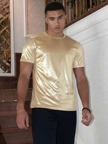 AKNOTIC Men's Fashionable Metallic Short Sleeve T-Shirt, Summer - Gold - View 1