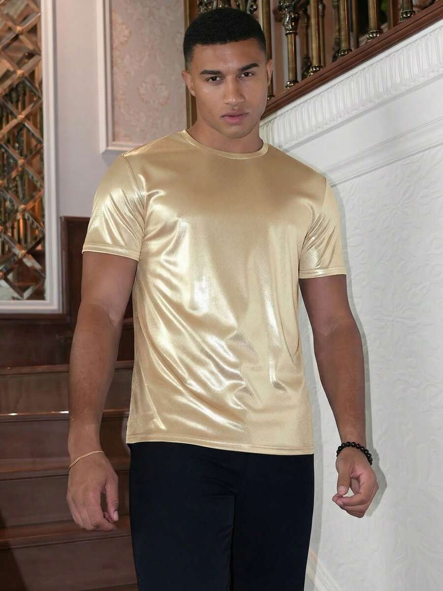AKNOTIC Men's Fashionable Metallic Short Sleeve T-Shirt, Summer - Gold - View 1