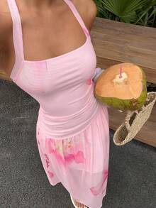 Sunnyshic Women's Pink Gradient Print Chiffon Dress With Spaghetti Strap, Vacation Style, Spring/Summer - Pink - View 4