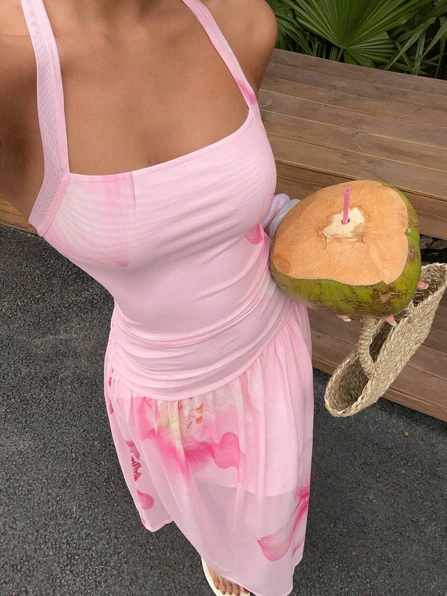Sunnyshic 女士粉色渐变印花雪纺吊带连衣裙，度假风，春夏款 - 粉色 - 查看 1