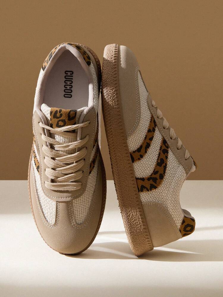 CUCCOO EASI Women Shoes Lace-Up Splicing Design Round Toe Flat Bottom Casual Sneakers Casual Simple PU Leather Breathable Fabric Khaki Casual Sneakers Daily Outdoor Sports Leisure