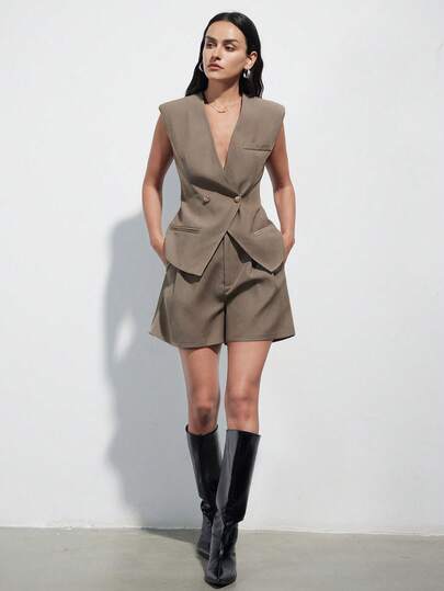 Aveloria Modichic Mocha Brown-Gray Sleeveless V-Neck Double-Breasted Blazer Vest Suit Set With High-Waisted Shorts, Structured Design For Commuting, Elegant & Versatile Suit Vest Set