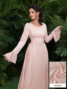 Al Najma Jacquard Splice Tie-Up Design Waist Cinching Round Neck Flare Sleeve Elegant Party Dress - Pink - View 8