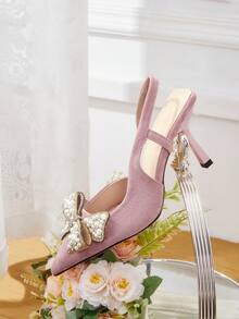 CUCCOO HITCHD Women's Pointed Toe High Heel Shoes, Spring/Summer New Arrivals, Faux Suede Fabric, Rhinestone & Pearl Bow Decor, Light Pink Color, Comfortable & Elegant, Suitable For Weddings, Parties, Formal Occasions - Barely Pink - View 6