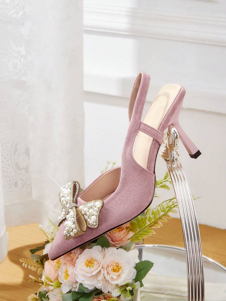 CUCCOO HITCHD Women's Pointed Toe High Heel Shoes, Spring/Summer New Arrivals, Faux Suede Fabric, Rhinestone & Pearl Bow Decor, Shallow Pink Color, Comfortable & Elegant, Suitable For Weddings, Parties, Formal Occasions