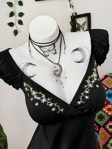 Sunspun 大码女式露肩深V领黑色刺绣饰边修身休闲百搭夏季T恤 - 黑色 - 查看 3