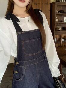 FRIFUL Women's Casual Washed Denim Bib Overalls - Black - View 2