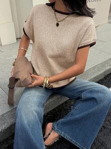 Siren Gaze 女士撞色圆领短袖休闲宽松针织上衣 - 卡其色 - 查看 3