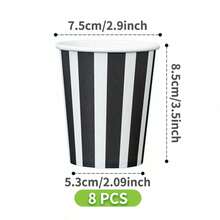 Bộ đĩa, khăn ăn và cốc dùng một lần kẻ sọc đen trắng, phục vụ 8 người. Bộ đồ dùng tiệc dùng một lần này (bao gồm đĩa, khăn ăn và cốc) rất phù hợp cho các bữa tiệc sinh nhật, đám cưới và dã ngoại gia đình. - Xem 6
