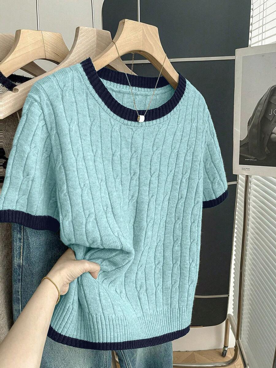SHEIN LUNE 新款休闲宽松韩版圆领麻花针织撞色套头毛衣,女款,秋/春季款 - 藍色 - 查看 1