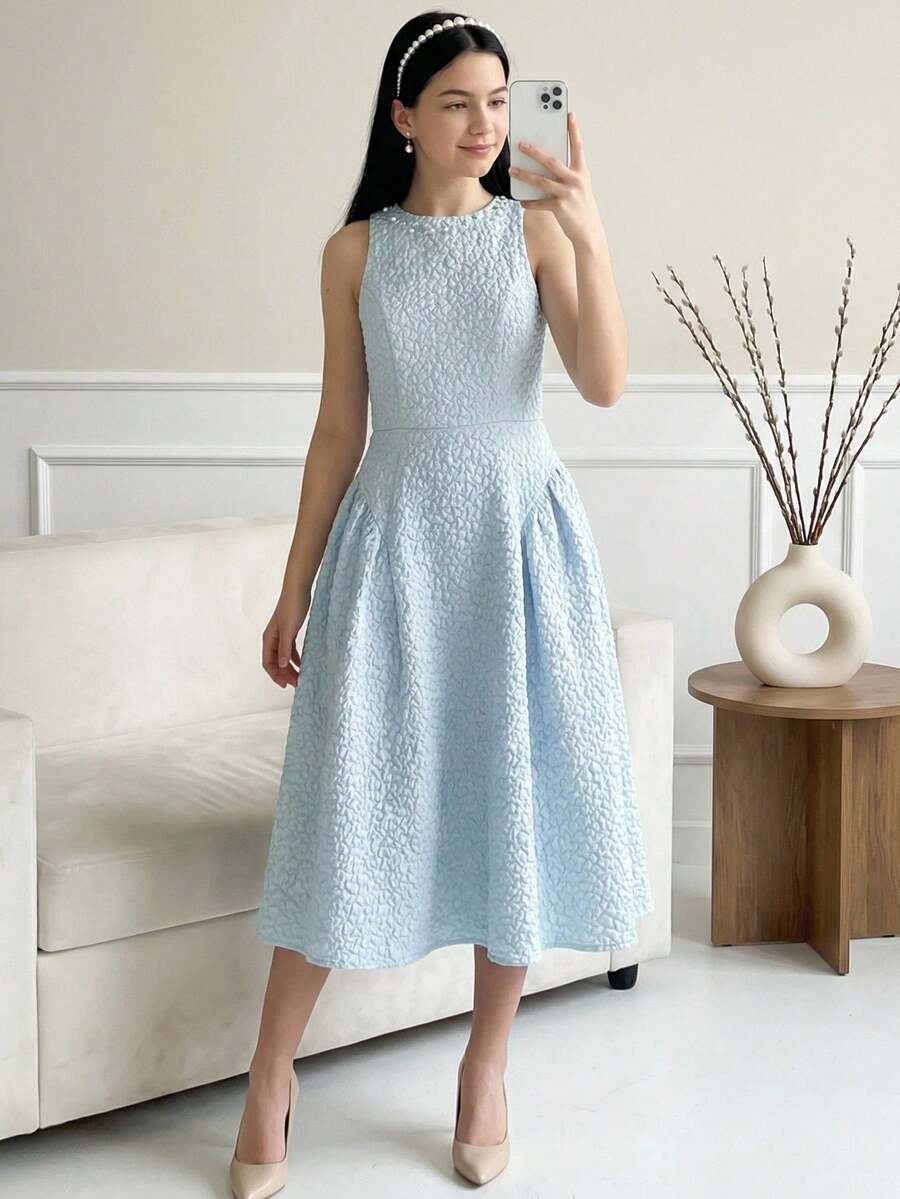 SHEIN Elegant Satin Beaded Collar Sleeveless Midi Dress For Teen Girls, Suitable For Weddings, Birthday Parties, Formal Occasions, Gatherings - Blue - View 1