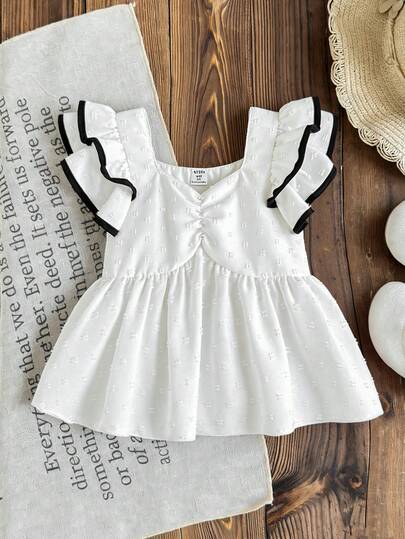 Sweet & Cute Young Girl Contrast Color Ruffle Trim Floral Print Blouse, Versatile Elegant Pullover Top