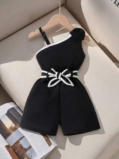 Young Girl Elegant Solid Color Jumpsuit With Spaghetti Straps, Bow And Belt Details, White Trim And Waistband, Minimalist Comfortable Summer Outfit Suitable For Holidays, Summer, Travel