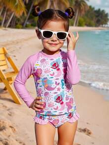 SHEIN 2pcs/Set Young Girl Casual Knit Crew Neck Long Sleeve Top And Triangle Swim Shorts Set - Blue - View 1