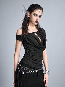 ROMWE Goth Shoulder Tie Beaded Ruched Waist Fitted T-Shirt - Black - View 6