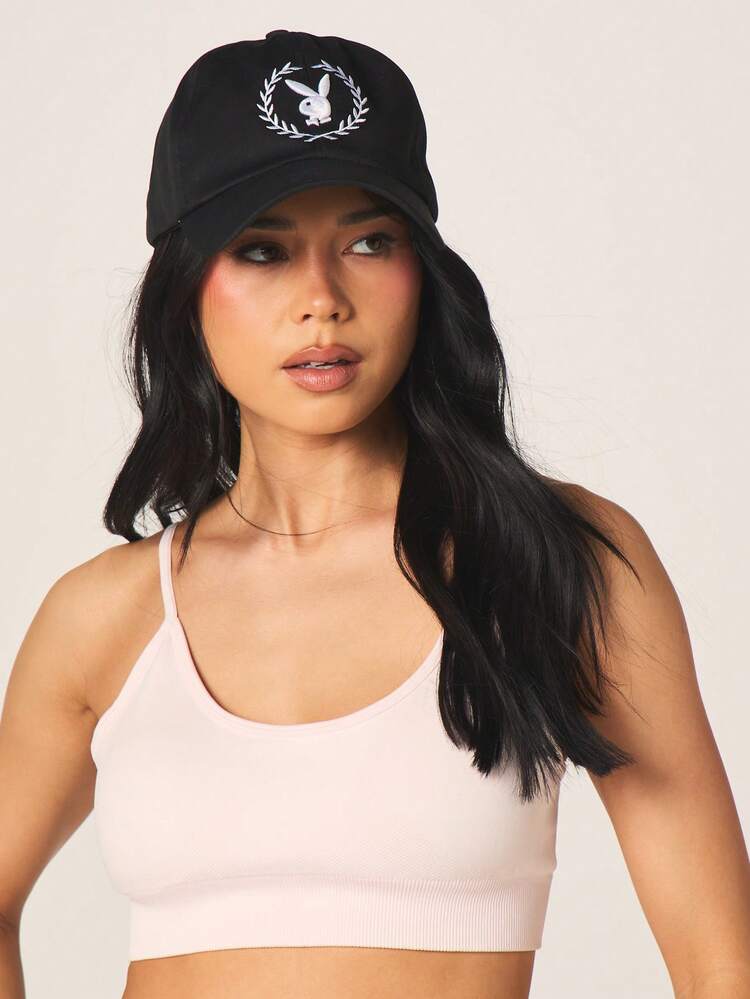 Missguided x Playboy Casquette de baseball avec logo de lapin brodé et design de couronne de laurier pour femmes, streetwear décontracté, réglable