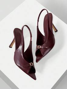 Mnmlis 女士复古酒红色露趾细高跟凉鞋，金属搭扣后跟，三重气质尖头鞋跟 - 酒紅色 - 查看 5