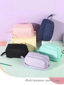 Large Capacity 4 Compartments Multi-Layer Zipper Stationery Bag, Standable On Desktop, Portable With Handle, Suitable For Office, School, College, Adults, Black, Back-To-School Gift, School Supplies, Pencil Pouch, School Bag - Multicolor - View 1