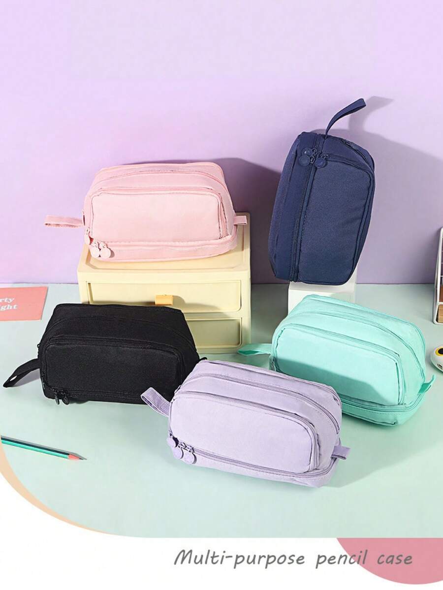Large Capacity 4 Compartments Multi-Layer Zipper Stationery Bag, Standable On Desktop, Portable With Handle, Suitable For Office, School, College, Adults, Black, Back-To-School Gift, School Supplies, Pencil Pouch, School Bag - Multicolor - View 1