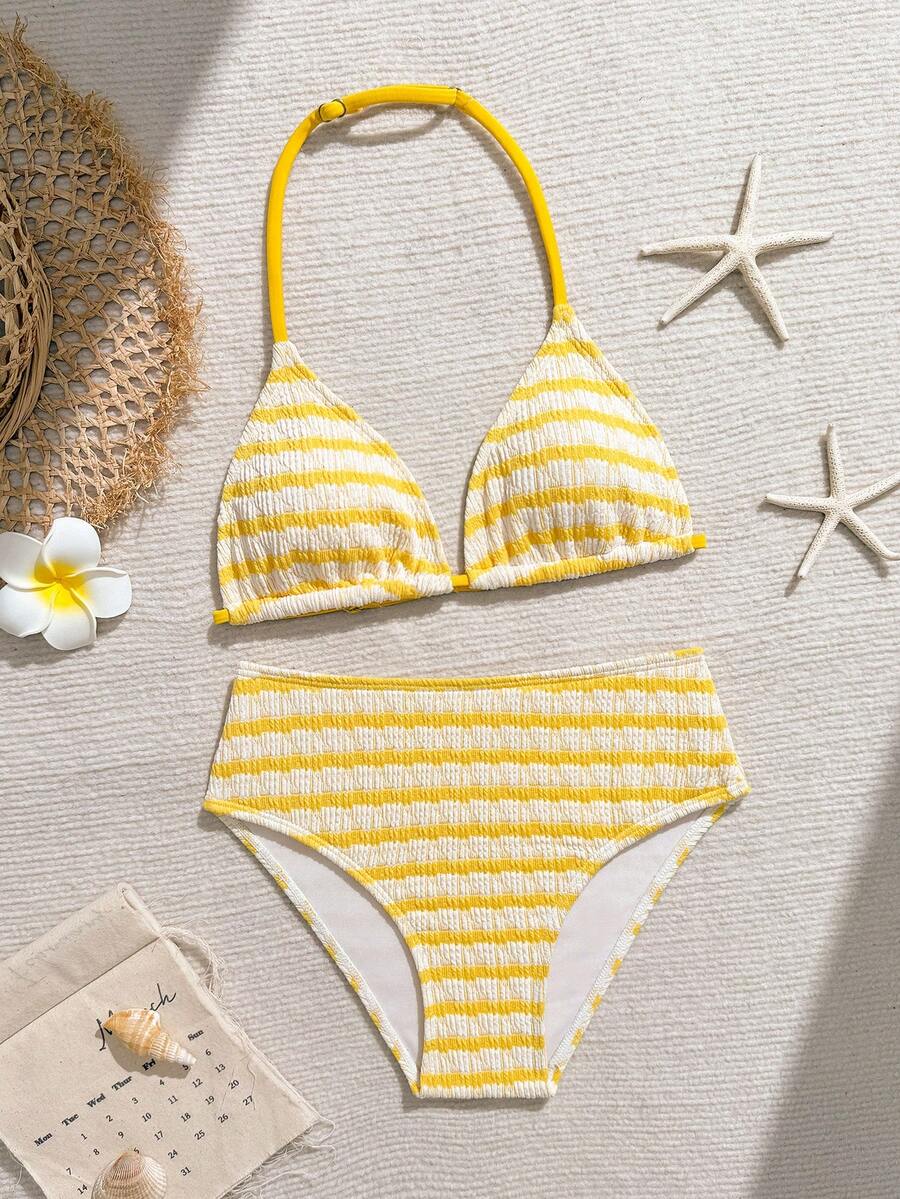 SHEIN Tween Girls Plaid Bikini Sets: Halter Design, Sweet Decor, Unlocking Summer Beach Fashion Yellow Swimwear Yellow Bikini Set Striped Swimwear Summer Bathing Suits Buy Swimwear Yellow Striped Bikini High Waisted Bikini Full Coverage Bikini Summer Outfits For Girl Swimwear Yellow Cami Top Spring Summer Picks 1pc Swimwear - Yellow - View 1
