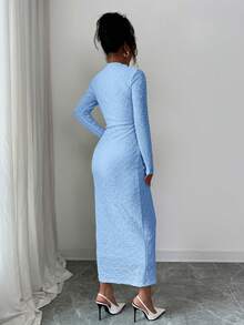 Elenzga Đầm dài dệt kim jacquard màu kem vàng phối cổ cho nữ, thích hợp dự tiệc hoặc các dịp trang trọng, mùa thu. - Màu xanh nhạt - Xem 2