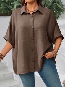 EMERY ROSE Camicia casual oversize da donna con maniche a pipistrello, monopetto, tinta unita, adatta per vacanze, abbigliamento estivo - Cachi - Visualizzare 1